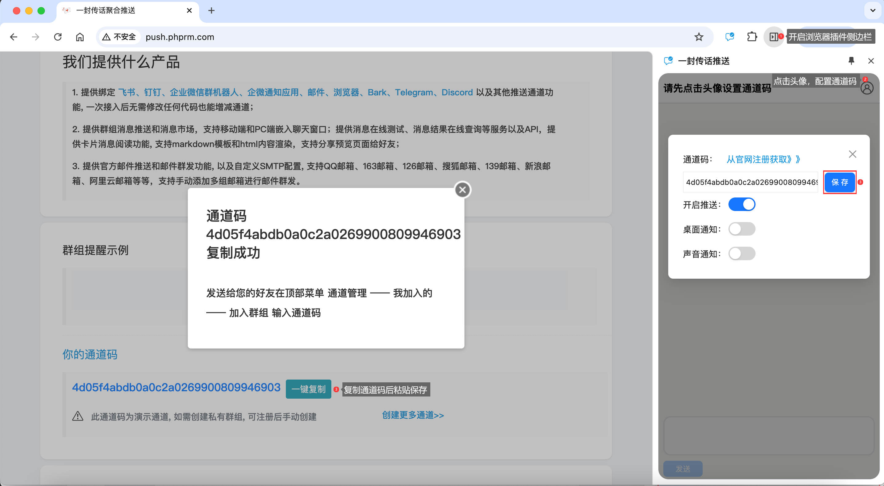 去官网首页复制演示通道码，打开浏览器插件侧边栏后保存到头像弹出框