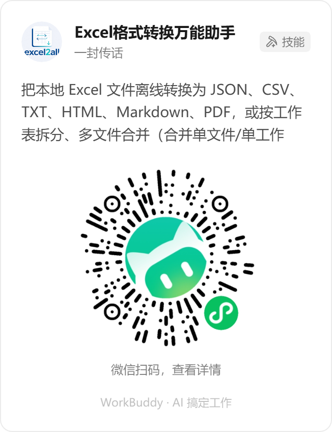 WorkBuddy 技能「Excel格式转换万能助手」小程序码，微信扫码查看详情